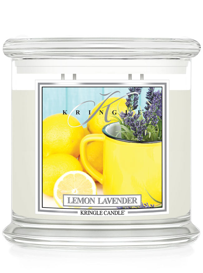 Kringle Candle Lemon Lavender scented candle with a lemon and lavender design on the label.