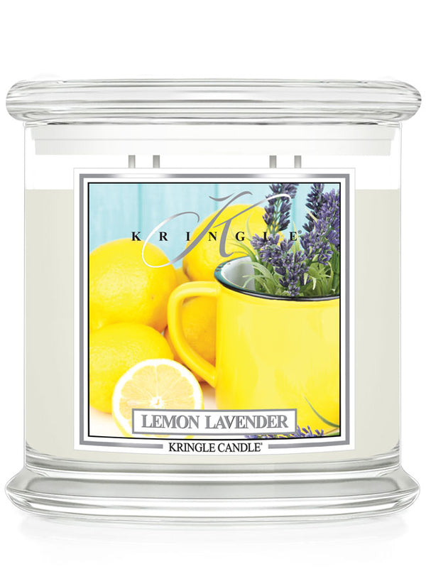 Kringle Candle Lemon Lavender scented candle with a lemon and lavender design on the label.