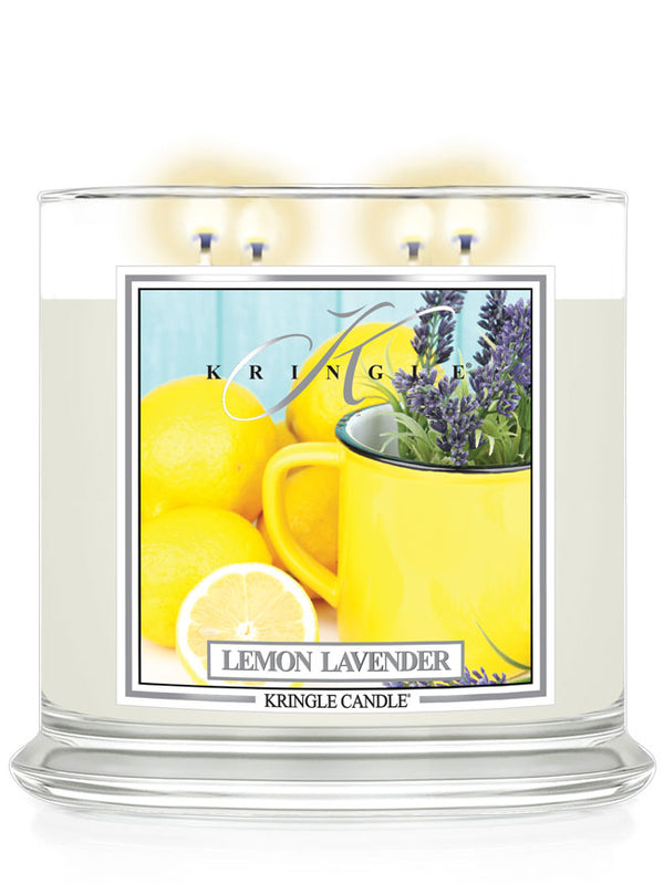 Kringle Candle Lemon Lavender candle with lemon and lavender imagery on a white background