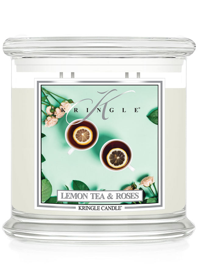 Kringle Candle with 'Lemon Tea & Roses' label on a white background