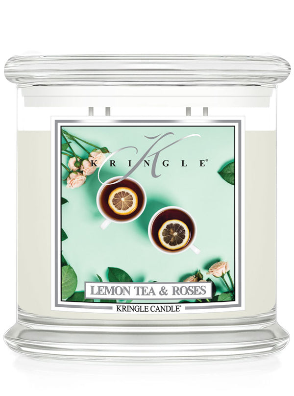Kringle Candle with 'Lemon Tea & Roses' label on a white background
