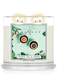 Kringle Candle with 'Lemon Tea & Roses' label on a white background