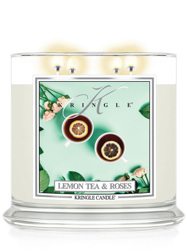 Kringle Candle with 'Lemon Tea & Roses' label on a white background