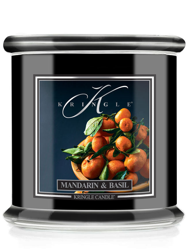 Kringle Candle with Mandarin & Basil label on a white background