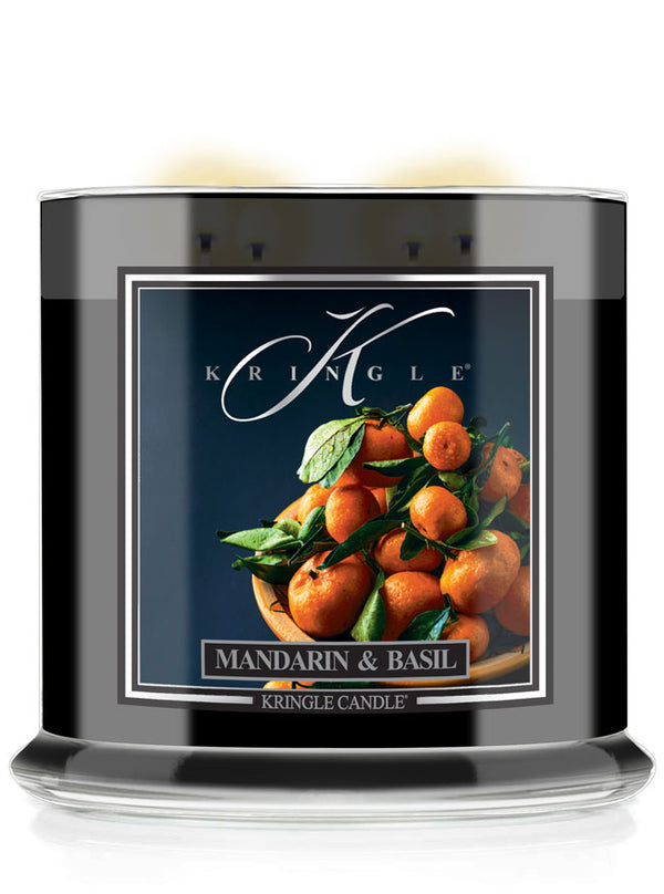 Kringle Candle with Mandarin & Basil label on a white background