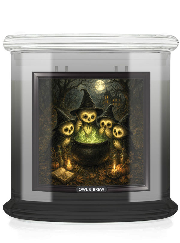 A large glass jar candle with a clear lid and black base, featuring a Halloween-themed label illustration of four owl characters around a glowing cauldron in a dark forest. The label reads 'OWLS BREW' at the bottom.