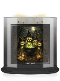 A large scented candle in a clear glass jar with a black base, featuring a Halloween-themed illustration of owl skulls around a cauldron on the front label. The label reads 'OWL'S BREW'.
