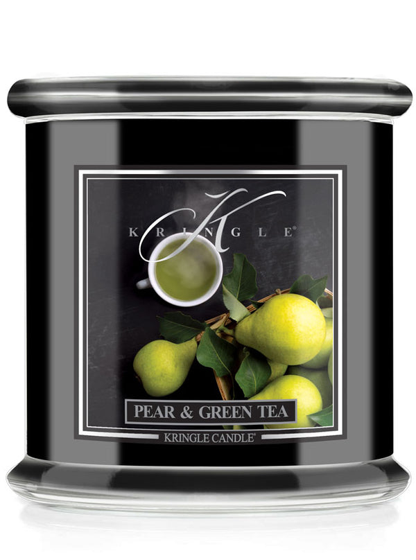 Kringle Candle with pear and green tea design on a black jar candle with a white background