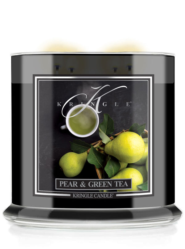 Kringle Candle with pear and green tea design on a black reserve candle jar with a white background