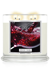 Kringle Candle Pinot Noir candle with a wine glass design on the label.