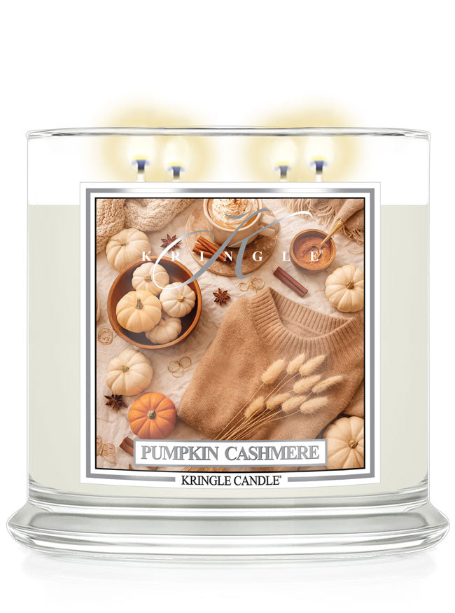 Kringle Candle Pumpkin Cashmere candle with a decorative label on a white background