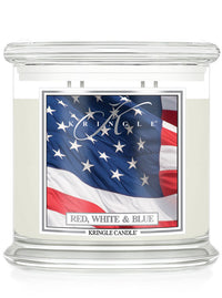 Kringle Candle with Red, White & Blue 4-wick candle with American flag design on a white background