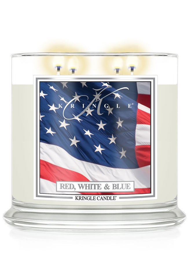 Kringle Candle with Red, White & Blue 4-wick candle with American flag design on a white background