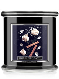 Kringle Candle with 'Rose & Palo Santo' label on a white background