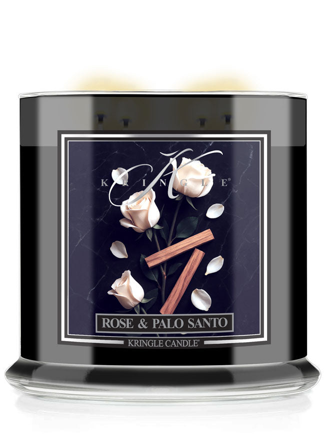 Kringle Candle with 'Rose & Palo Santo' label on a white background