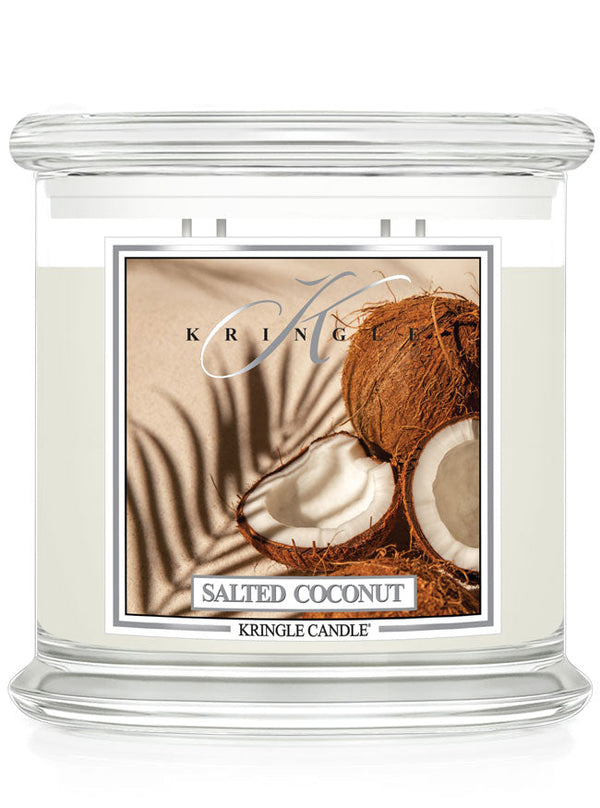 Kringle Candle salted coconut scented candle with coconut image on label