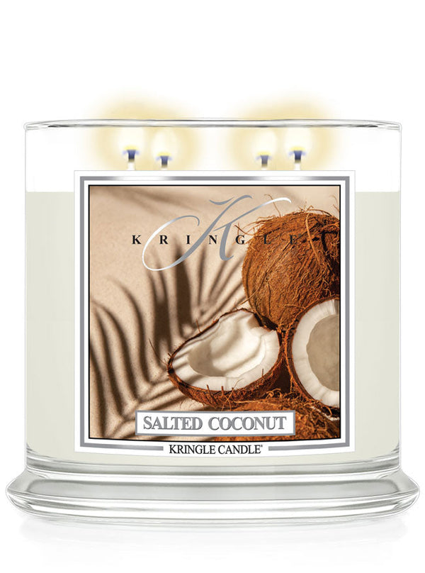 Kringle Candle salted coconut scented candle with coconut image on label