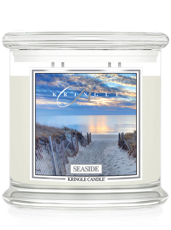 Kringle Candle Seaside 4-wick with beach scene design on a white background