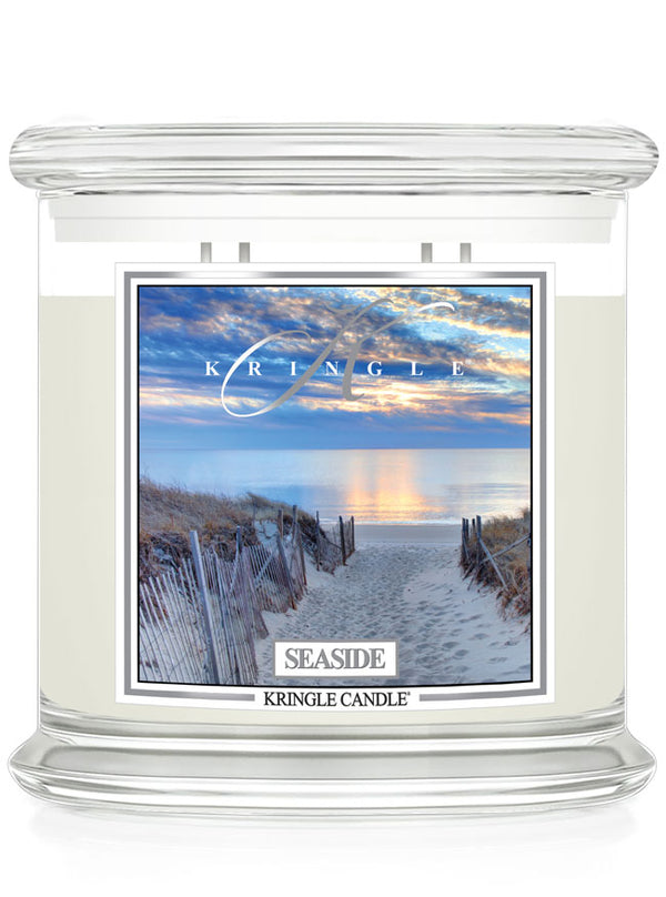Kringle Candle Seaside 4-wick with beach scene design on a white background