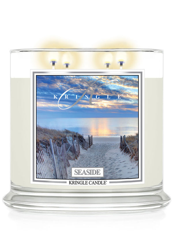 Kringle Candle Seaside 4-wick with a beach scene design on a white background