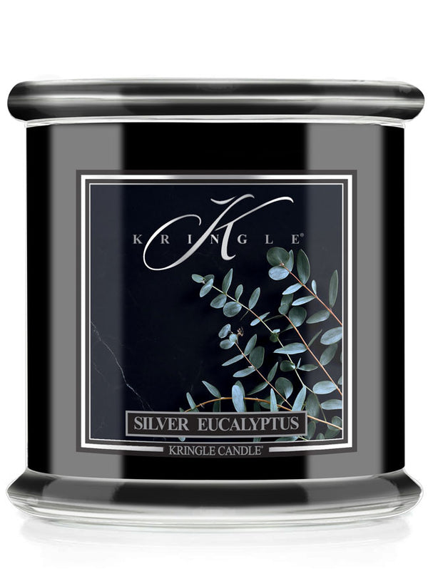 Kringle Candle in Silver Eucalyptus label with black lid and label.