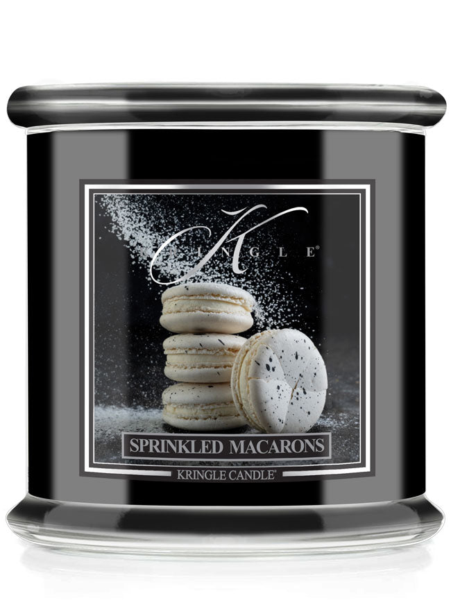 Kringle Candle with 'Sprinkled Macarons' design on a black background
