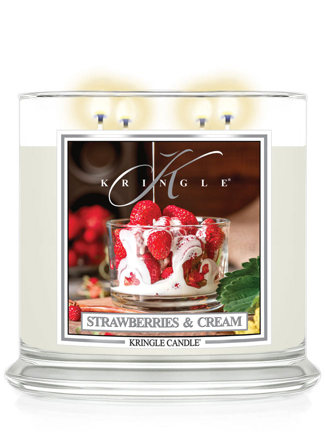 Kringle Candle with 'Strawberries & Cream' flavor packaging on a white background
