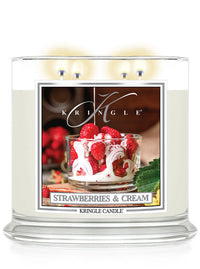 Kringle Candle with 'Strawberries & Cream' flavor packaging on a white background