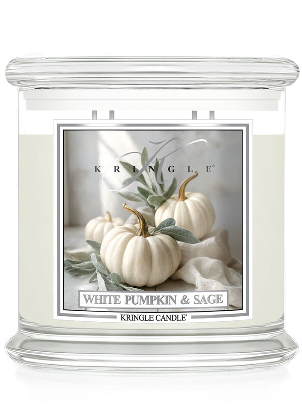 Kringle Candle with 'White Pumpkin & Sage' label on a white background