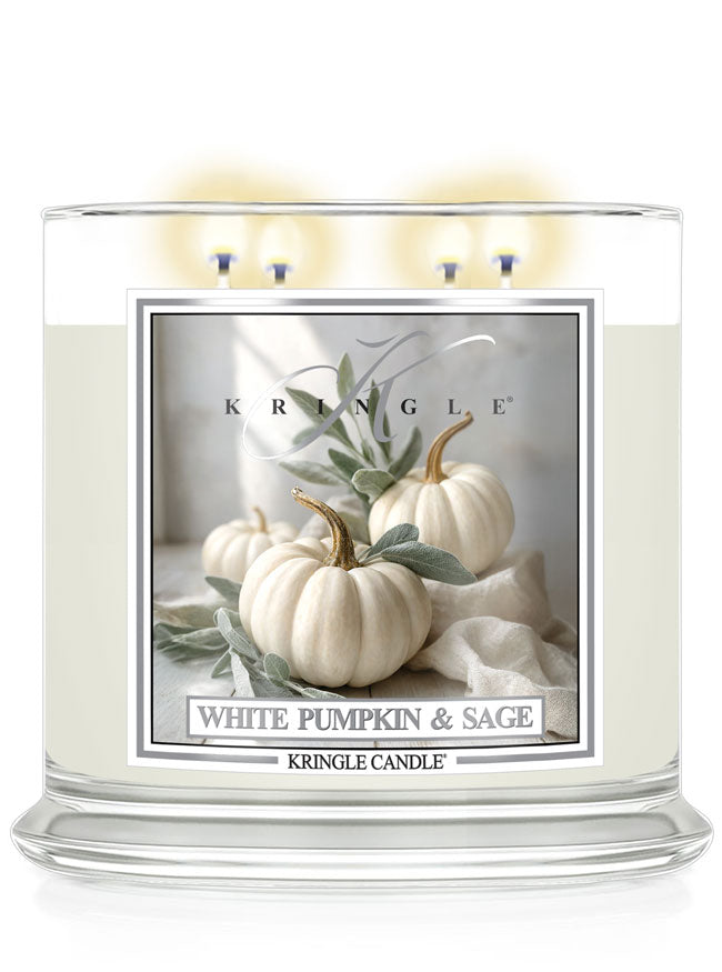 Kringle Candle with 'White Pumpkin & Sage' label on a white background