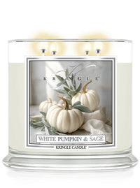 Kringle Candle with 'White Pumpkin & Sage' label on a white background