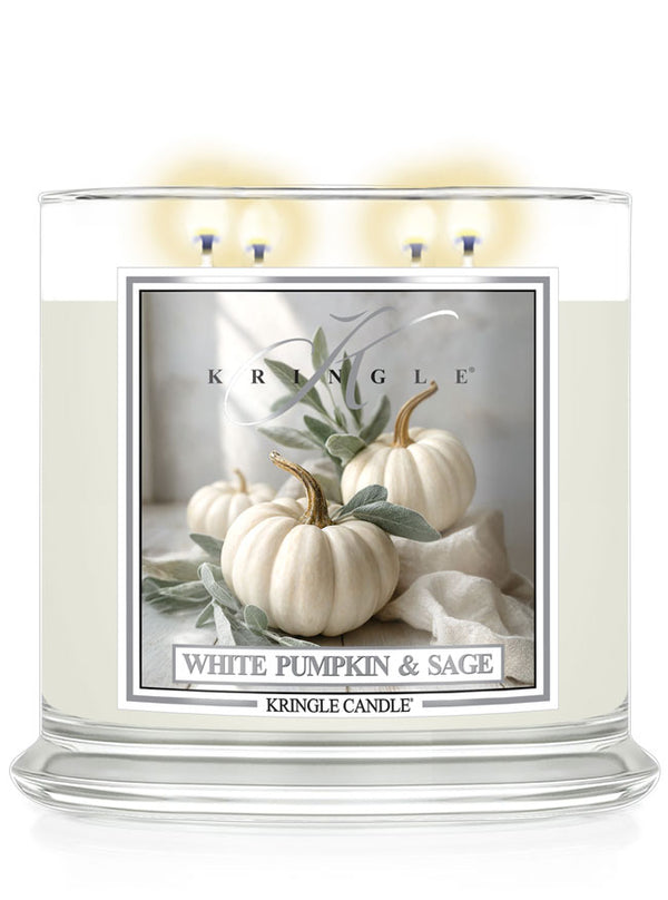 Kringle Candle with 'White Pumpkin & Sage' label on a white background