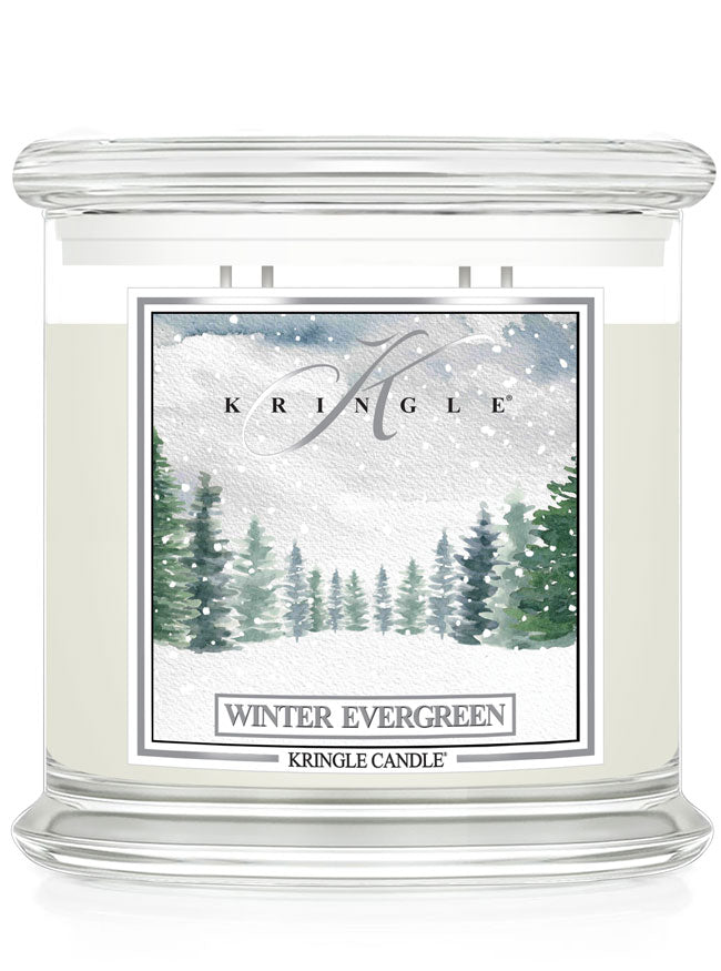 Kringle Candle with 'Winter Evergreen' label on a white background