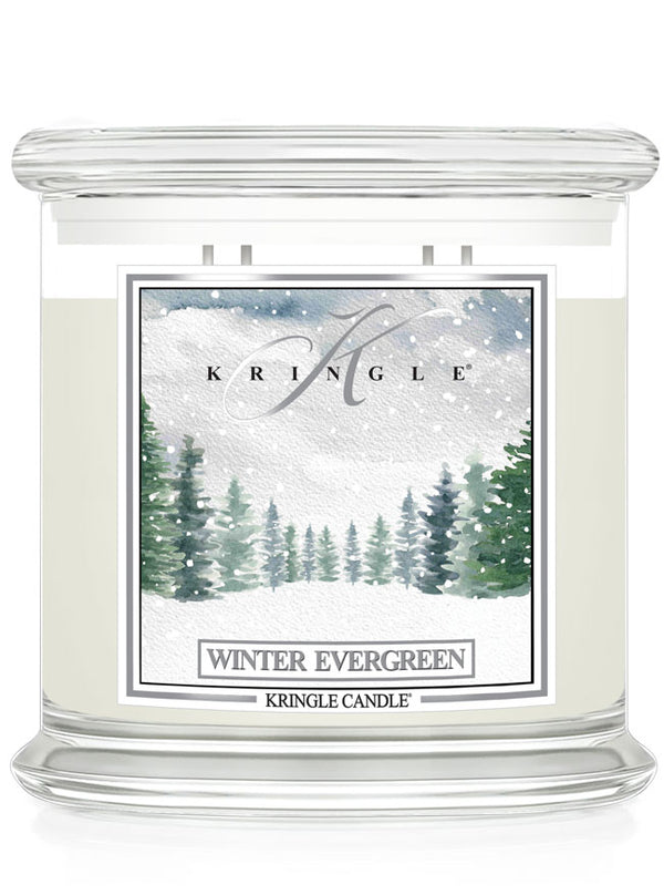 Kringle Candle with 'Winter Evergreen' label on a white background