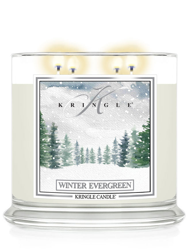 Kringle Candle with 'Winter Evergreen' label on a white background