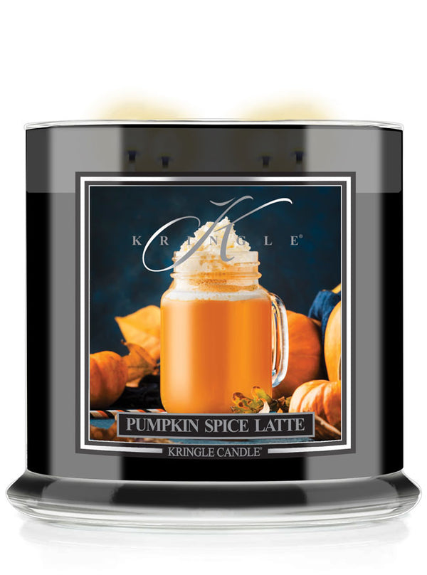 Kringle Candle Pumpkin Spice Latte candle with pumpkins on a white background