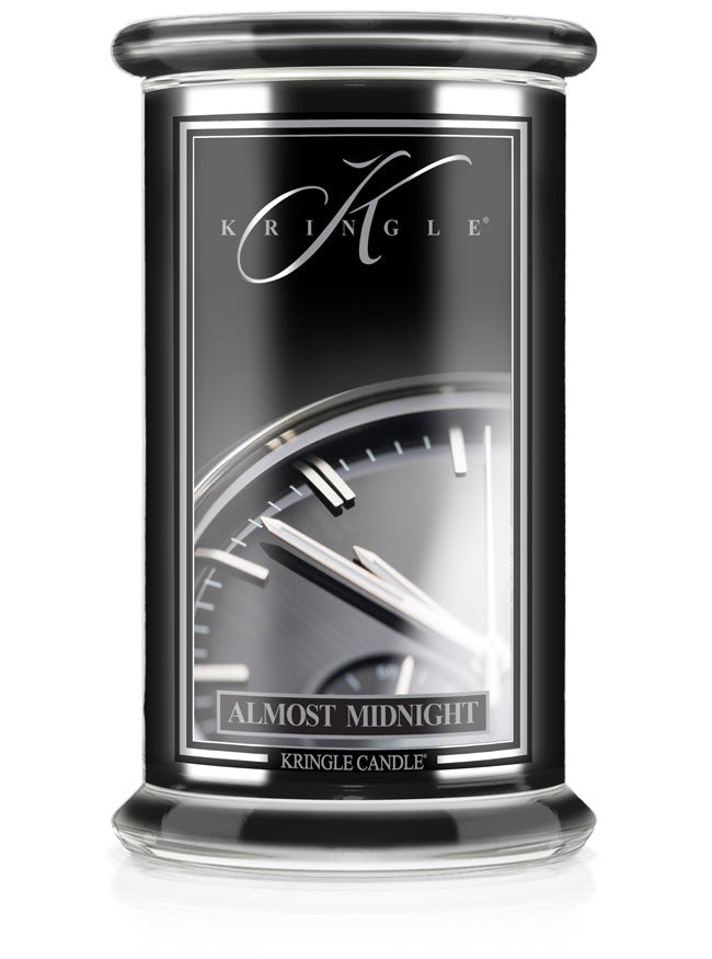 Kringle Candle jar labeled 'Almost Midnight' on a white background