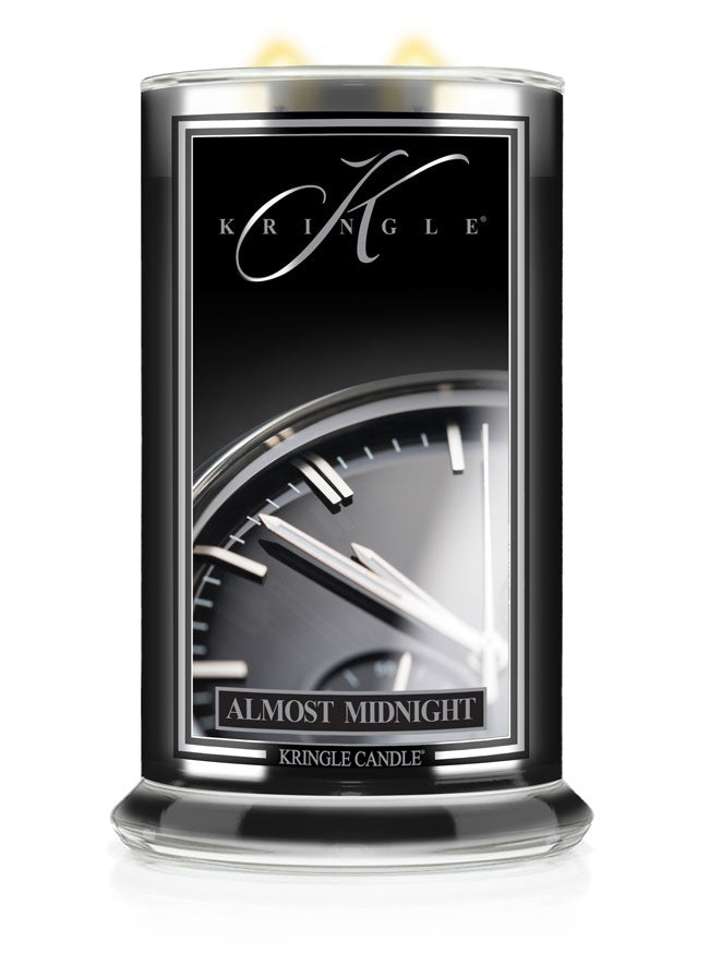 Kringle Candle with 'Almost Midnight' label on a white background