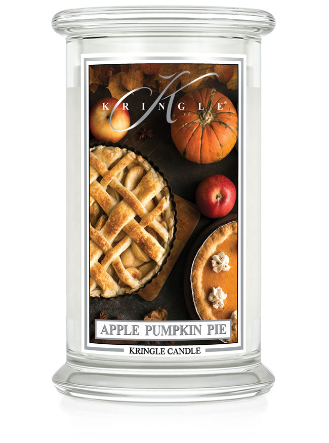 Kringle Candle with 'Apple Pumpkin Pie' label on a white background