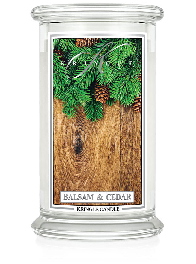 Kringle Candle with 'Balsam & Cedar' label on a white background