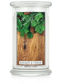 Kringle Candle with 'Balsam & Cedar' label on a white background