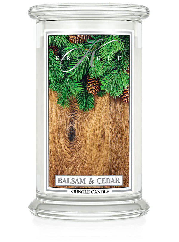 Kringle Candle with 'Balsam & Cedar' label on a white background