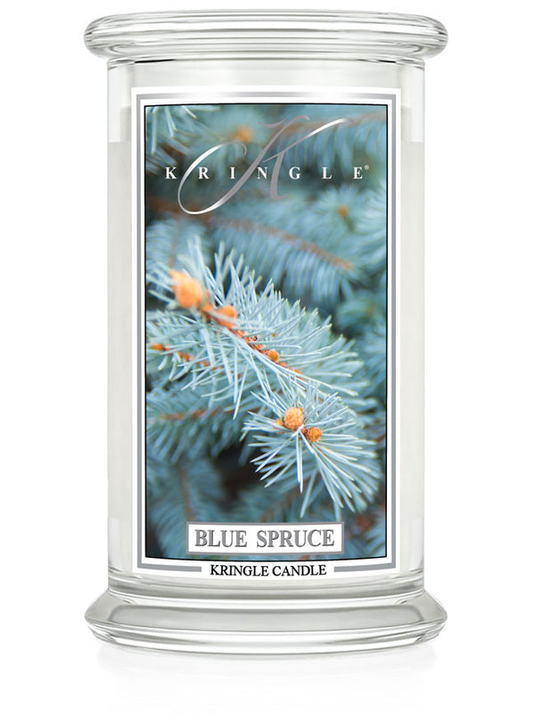 Kringle Candle with 'Blue Spruce' label on a white background