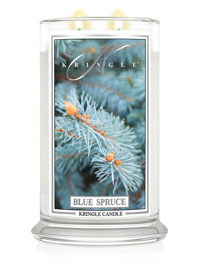 Kringle Candle Blue Spruce candle with a decorative label on a white background