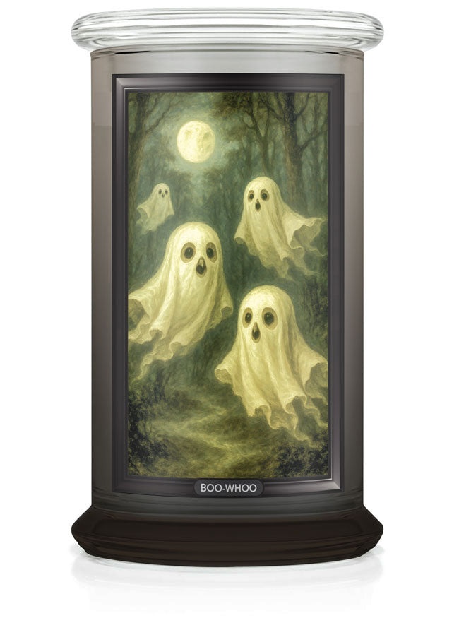 Candle with ghost design and 'BOO-WHOO' text on a white background