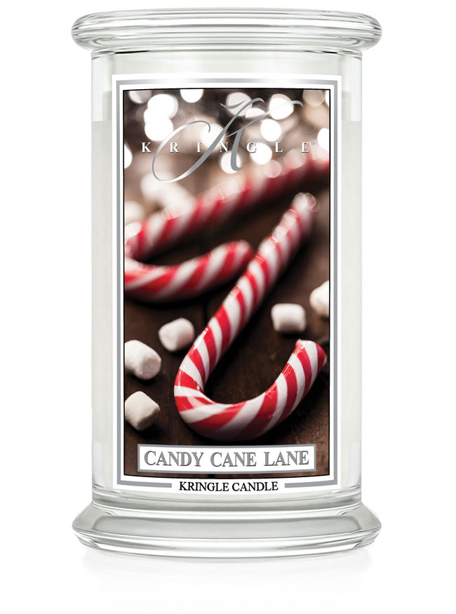 Kringle Candle with candy cane design on a white background