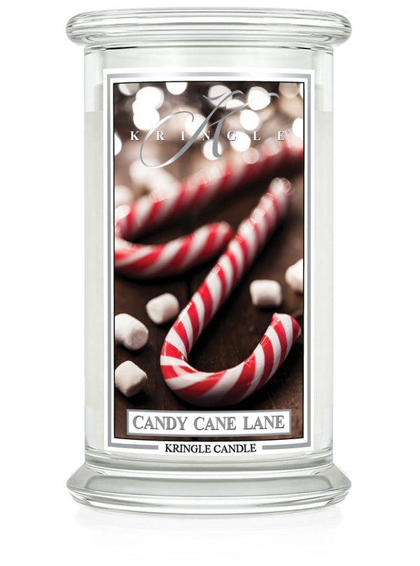 Kringle Candle with candy cane design on a white background