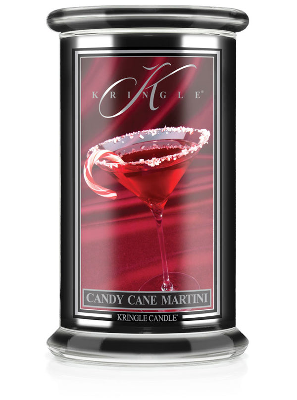 Kringle Candle with a red martini glass design on the label