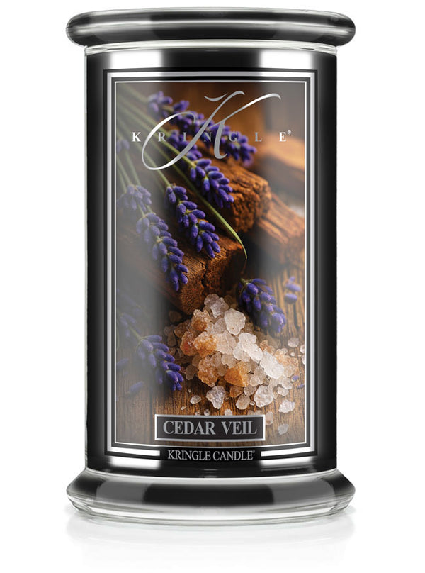 Kringle Candle Cedar Veil with lavender and wood design on the packaging.
