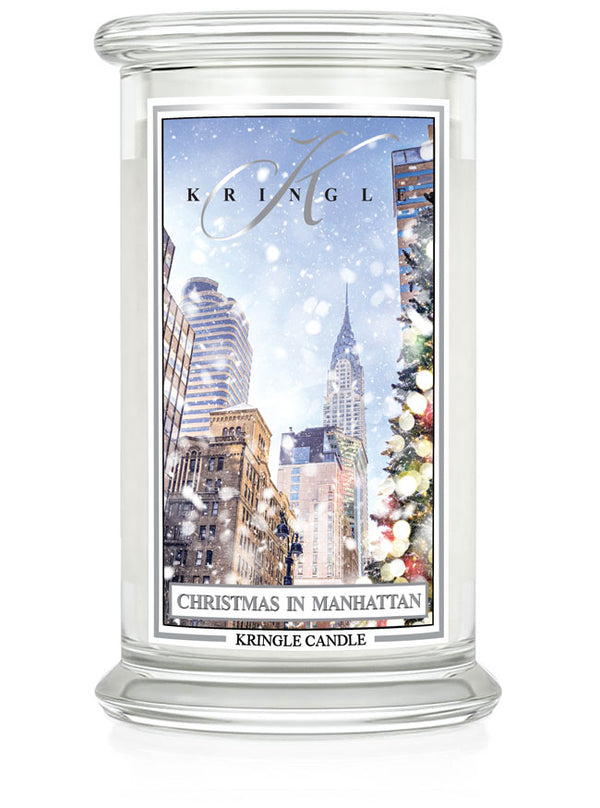 Kringle Candle with 'Christmas in Manhattan' label on a white background